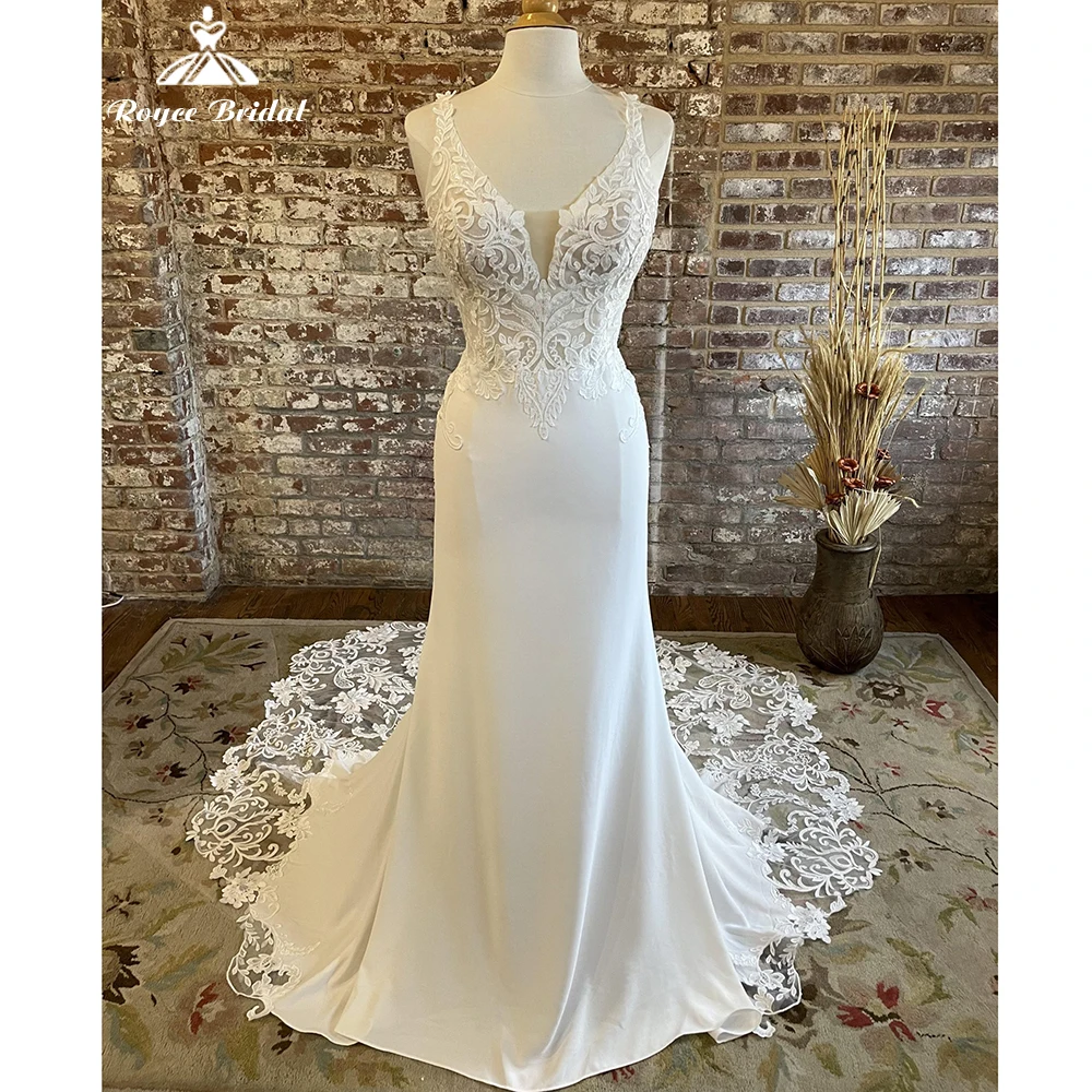 

Sexy Mermaid Boho Wedding Dress Satin Cut-out Lace Appliques Backless Court Train Sweetheart robe mariée sirene Roycebridal