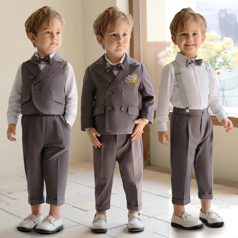 

Children's Short-sleeved Suit 0-12 Boys' First Birthday Party Overalls Formal School Uniform Show Dress White Shirt Gray Coat