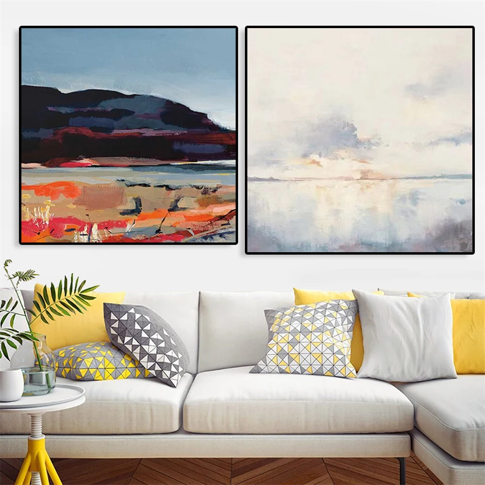 

Abstract Landscape Canvas Painting Seascape Painting Gold Sunrise Cloud Scenery Wall Art Blue Sea Poster Home Living Room Decor