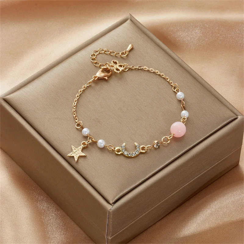 Korean Exquisite Stars Moon Bracelets For Women Cute Kitten Flowers Zircon Beaded Bracelet Bangle Girl Wedding Party Jewelry images - 1