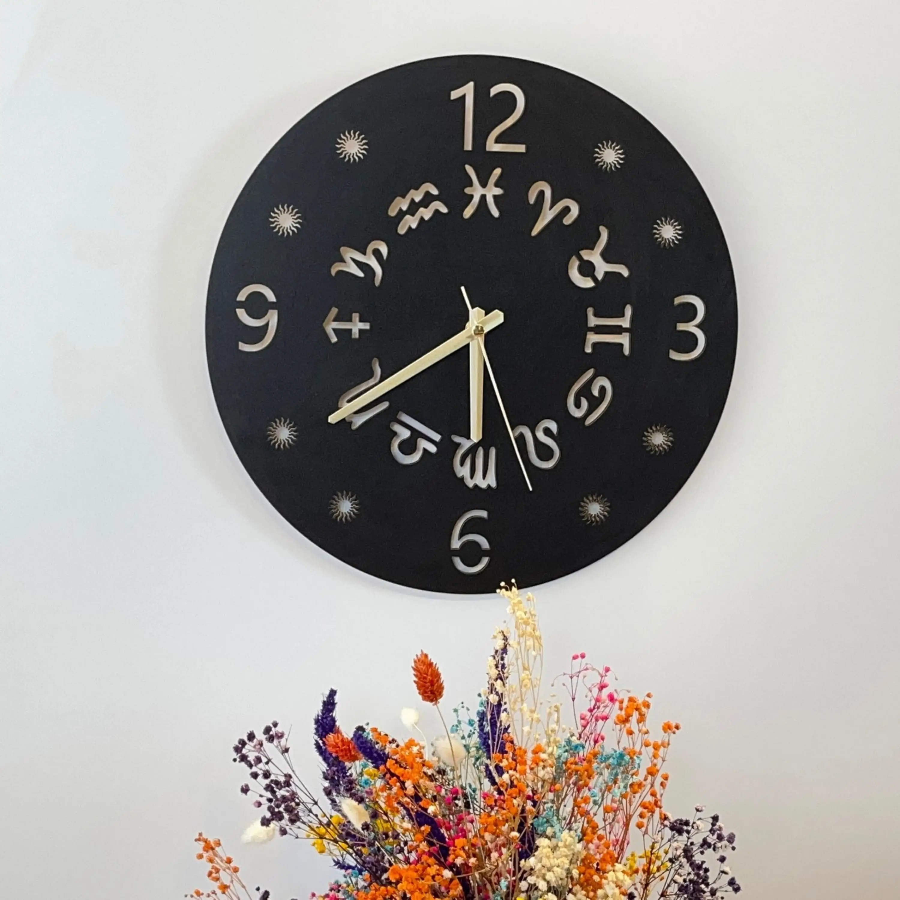 

Wooden Wall Clock Decorative Astrology Themed Silent Mechanism Home Office Living Room Bedroom Kitchen Quality Gift Ideas Watch Modern Art Design Style Hour Timer New Creative Stylish Ornament Classic Beautiful Cute