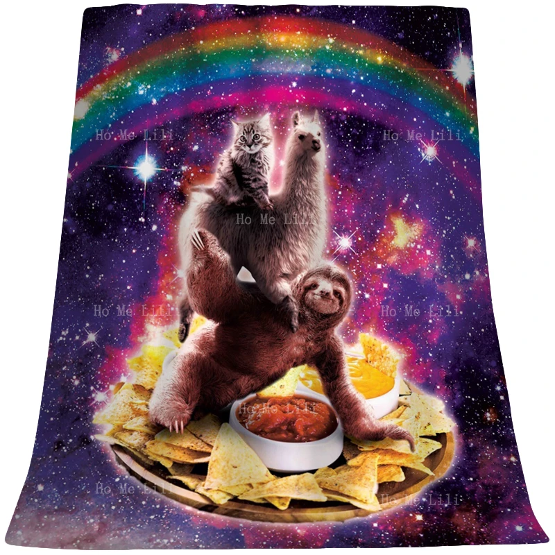 

Funny Outer Space Galaxy Cat Riding Llama Sloth Pug On Tortilla Corn Chips Taco Cosmic Rainbow Flannel Blanket By Ho Me Lili