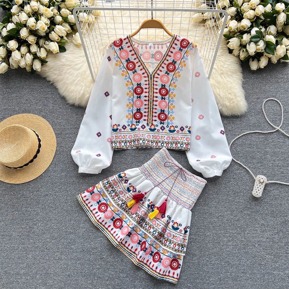 

Clothland Women Sweet Embroidery White Suit Long Sleeve Shirt Mini Skirt Tassel Tie Vintage Summer Two Piece Set TZ535