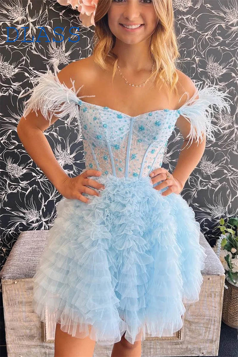 

Lovely A Line Light Blue Short Homecoming Dress Off the Shoulder Zipper Back Up Pleat 2023 Tulle Party Gown with Feather Beading
