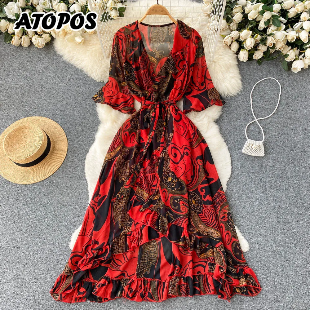 

Atopos Women Floral Beach Dress Summer Female Robe V Neck Short Sleeve High Waist Dresses Holiday Vestido Sundress Woman Outfit