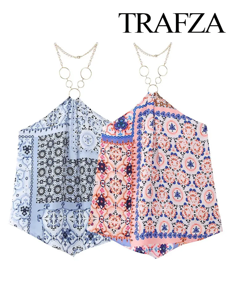 

TRAFZA 2023 Summer New Fashion Printed 2 Pieces Sets Printed Sleeveless Sling Woman's Tops+Slim Elegance Long Pants 2 Piece Sets