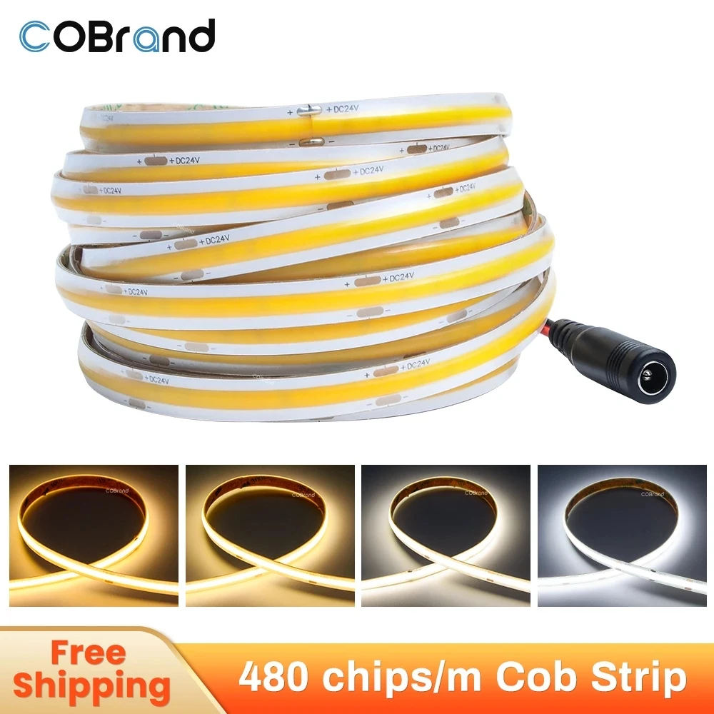 Светодиодная лента COB 12 В/24 В постоянного тока 5 м/рулон 8 мм Наружная Водонепроницаемая IP65 480 светодиодов высокая плотность гибкая с головкой постоянного тока для кухонного шкафа