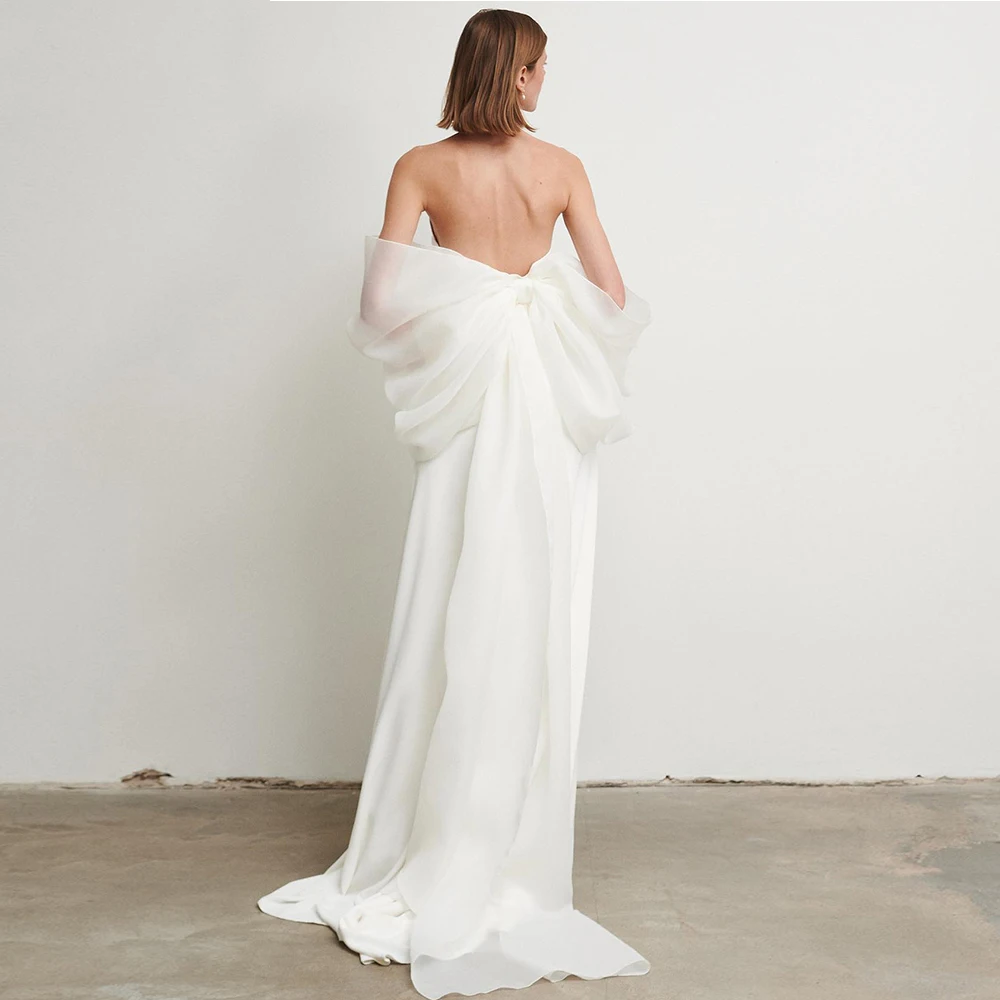 

Modern Wedding Dresses Strapless Jesery Sleeveless Backless Big Bow Bride Gowns Simple A-Line Sweep Train Vestido De Noiva