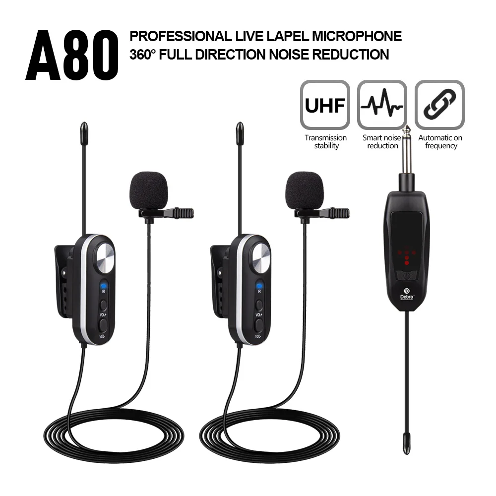 

A80 UHF Lavalier Wireless Microphone For Real-Time Recording Media, 30m Range For Power Amplifiers, Speakers, Large Equipment.