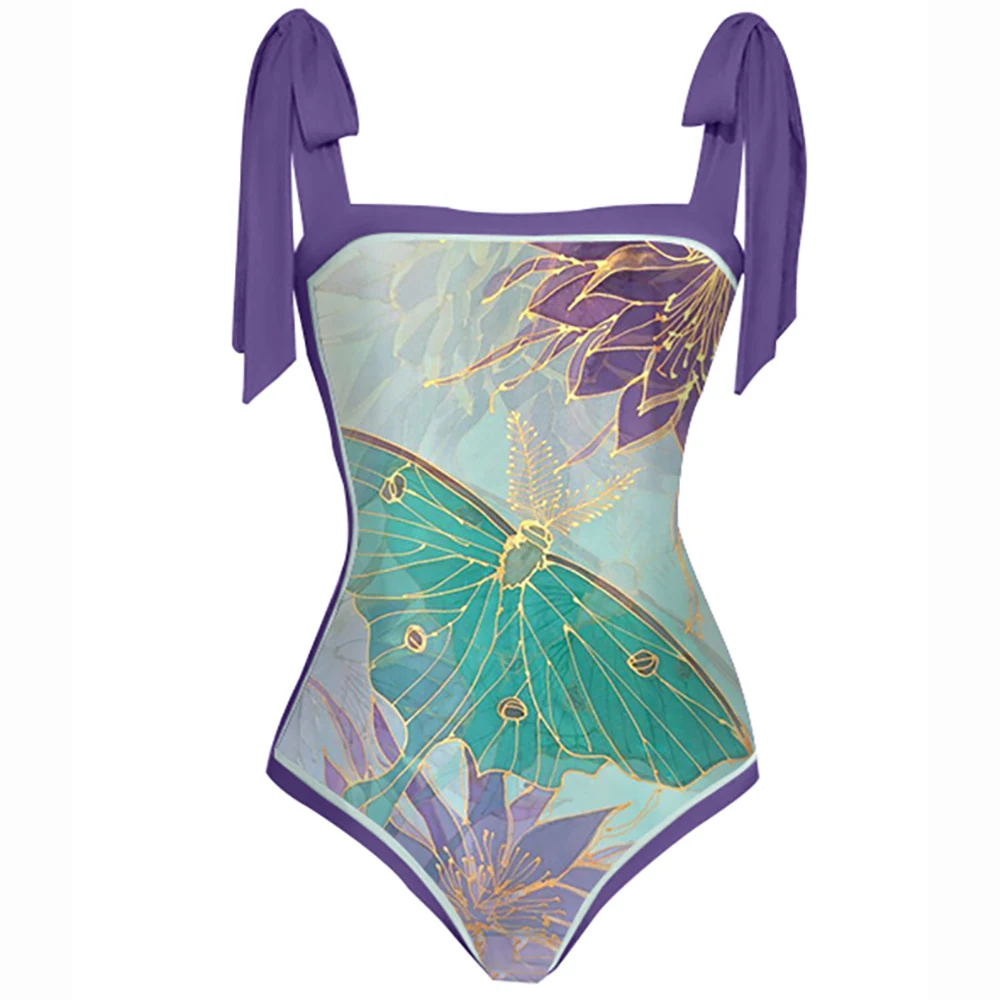 Luxury Women's Bathing Suit Vintage Butterfly Floral Print One-piece Swimsuit Summer Beachwear Push Up Slim Swimwear 2022 Bikini