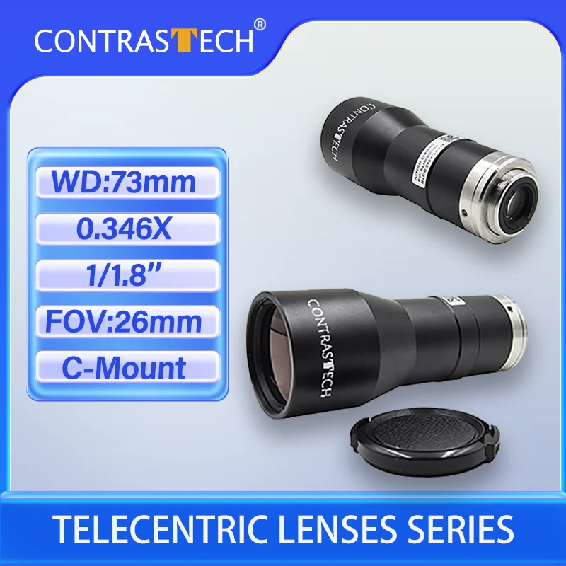 Фото Бителецентрические линзы CONTRASTECH 1/1,8 дюйма 0,346X без паралакса FOV 26 мм опционально WD 73 мм Объектив машинного зрения FA для проверки печатных плат №1