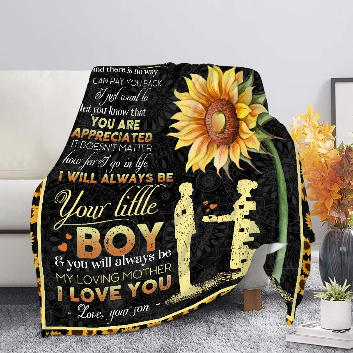 

Custom Letter Blanket for Mom Yellow Sunflower Pattern Printed Blanket Home Living Room Sofa Decor Gifts for Express Love