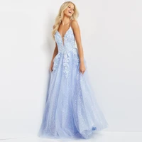 sexy sky blue evening dresses v neck applique sequin spaghetti straps a line floor length backless long formal prom party gowns