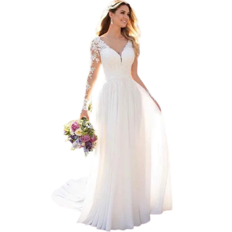 

Long Sleeve Wedding Dress For Women 2023 Bride Lace Chiffon Aline Beach Vestidos Elegantes Para Mujer Sexy Sweetheart Vestidos