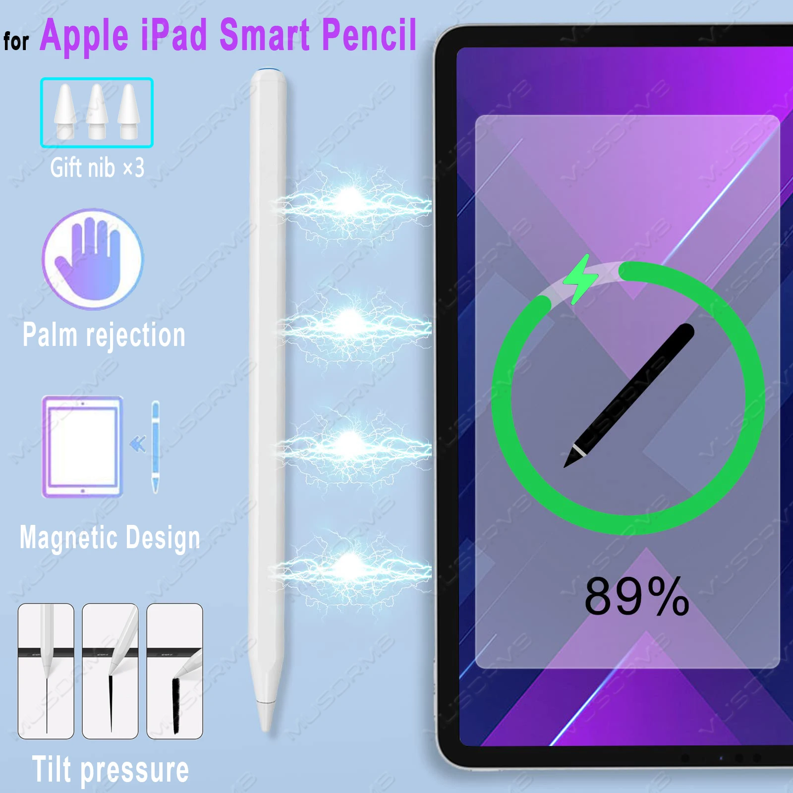 

Стилус для Apple iPad, карандаш для iPad Pro 11 12,9 2021 2020 2018 Air 4 5 2022 Mini 6, сенсорная ручка, наклонное давление, Беспроводная зарядка