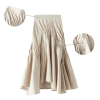 new fashion solid color high waist pleated asymmetric a line skirt midi skirt casual womens skirt