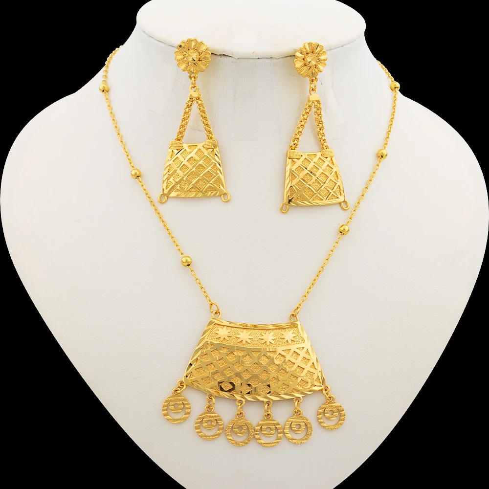 

Ethiopia Gold Color Jewelry Set 2023 Trend Tassel Design Pendant Necklace and Earrings 2Pcs Set for Women Party Nigerian Gifts