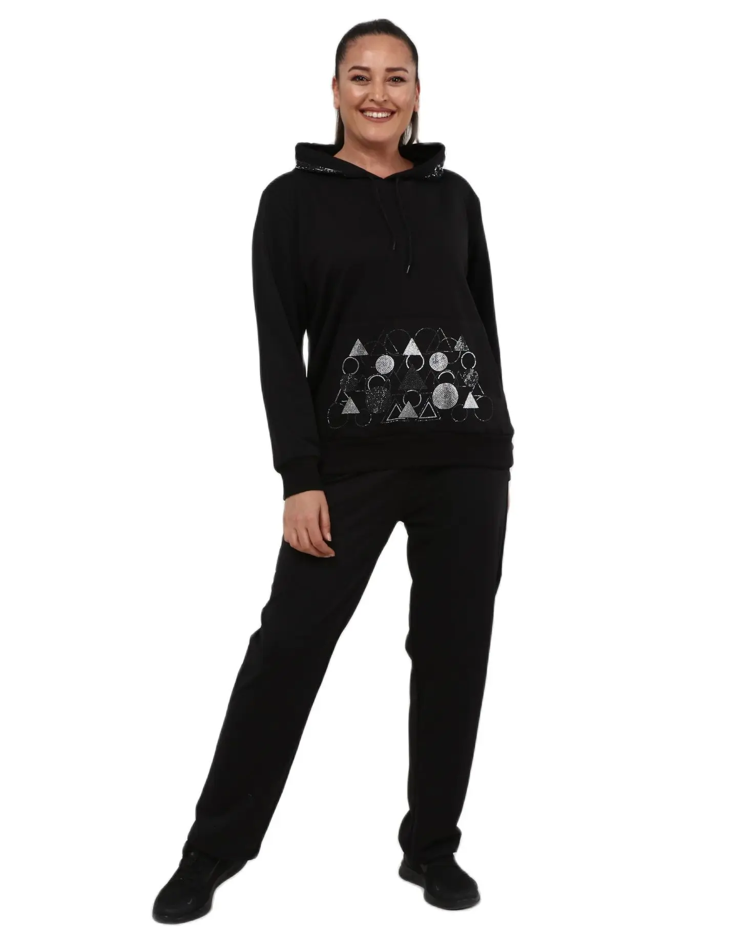 Women’s Plus Size Black Sweatsuit Set 2 Piece Geometric Stone Print Tracksuit, Designed and Made in Turkey, New Arrival
