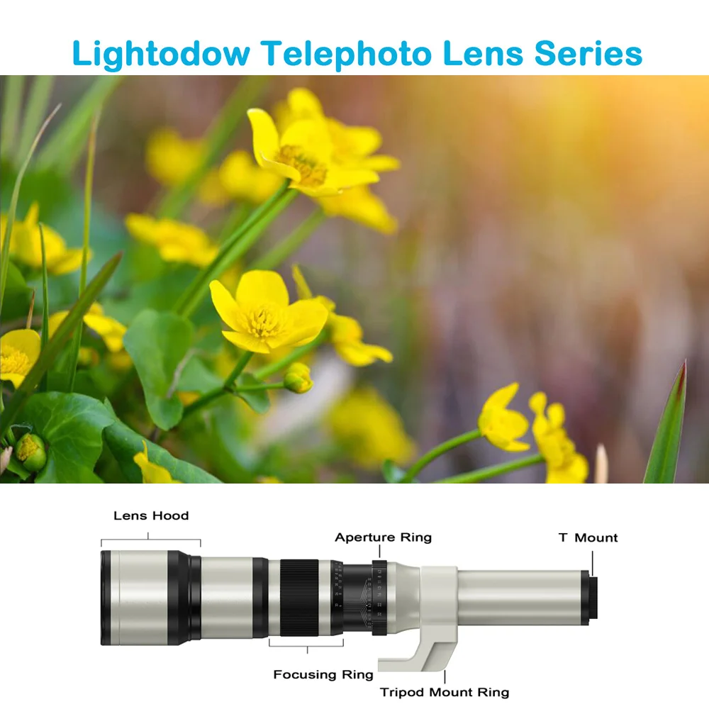 

Lightdow White 500mm F6.3 Prime Telephoto Lens+Adapter Ring for Canon Nikon Sony Pentax DSLR Cameras