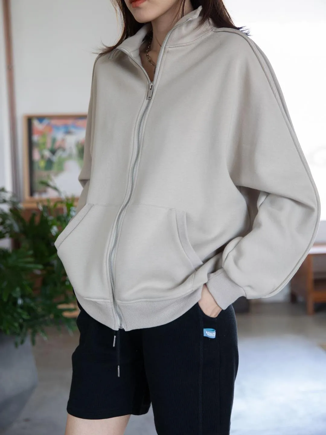 

Oversized Cotton Zip Up Sweatshirt Women Jacket Loose Fit Solid