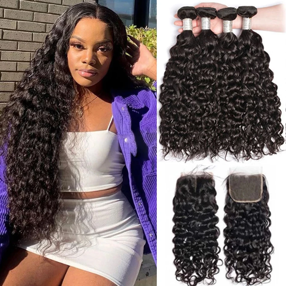 

Water Wave Weave Bundles With Frontal 13x4 Ear to Ear Lace Closure Human Hair Extension 12A Virgin Brazilian Thick Hair 3Bundles