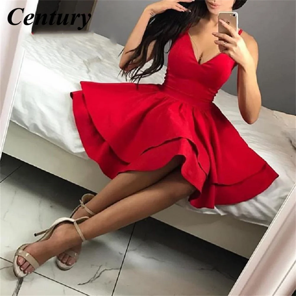 

Century Red A Line Homecoming Dresses Spaghetti Straps V Neck Short Prom Party Dresses Graduacion Custom Made Vestidos Cortos