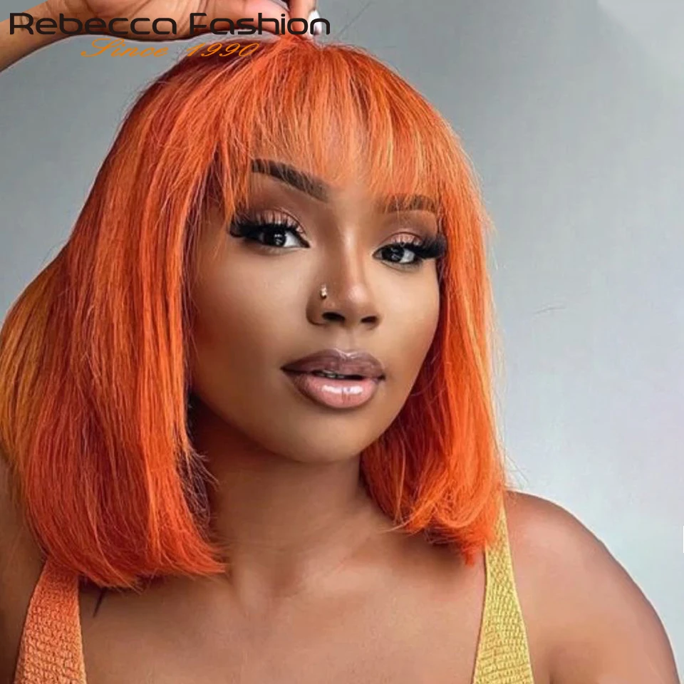 

180D Orange/Ginger Colored Blonde Straight Human Hair Bob Wigs With Bangs Remy Full Machine Made for Women P4/30 613 99J T1B/27