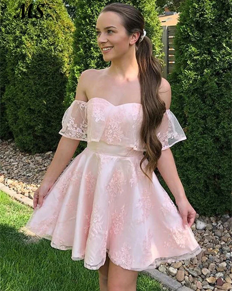 

MS A Line Off Shoulder Short Evening Gowns Lace Appliques Knee Length Homecoming Dress Backless Formal Party Invite Prom Gown