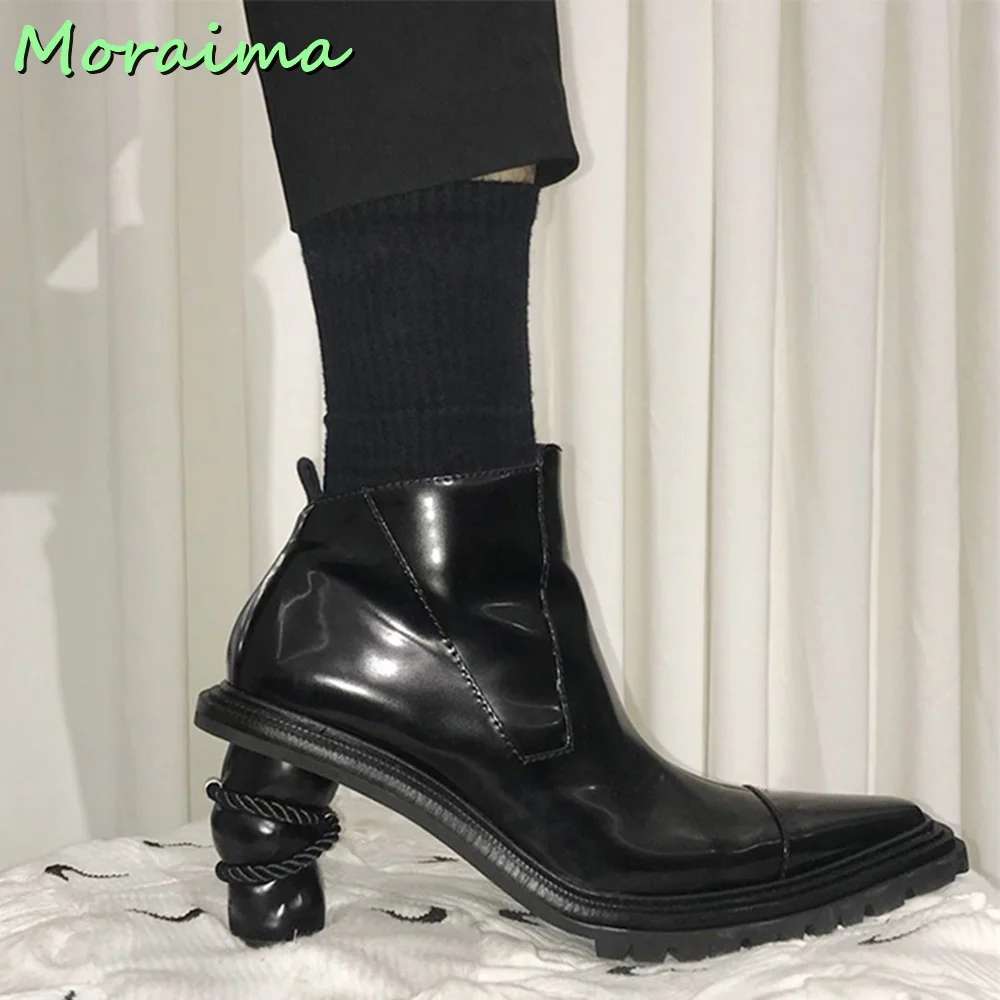 Pointed Toe Strange Heel Ankle Boots Side Zipper Black Solid Leather British Style Motorcycle Boots Women Shoes Fashion Casual