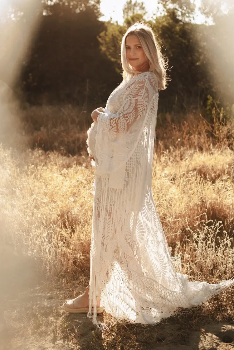 White Lace Photoshoot Maternity Gown Long Fringe Maxi Dress for Photo Shoot for Wedding Baby Shower Pregnancy Sessions