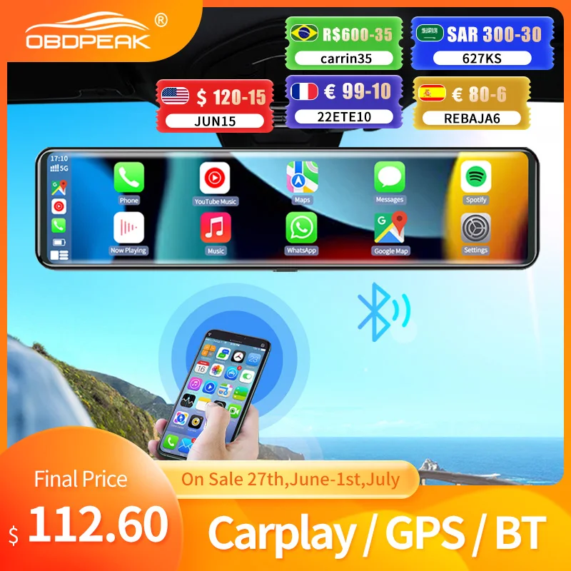 

1440P Dashcam Rearview Mirror Carplay & Android Auto Wireless Wifi Car DVR Mirror Link GPS Navigation Dash Cam Video Recorder