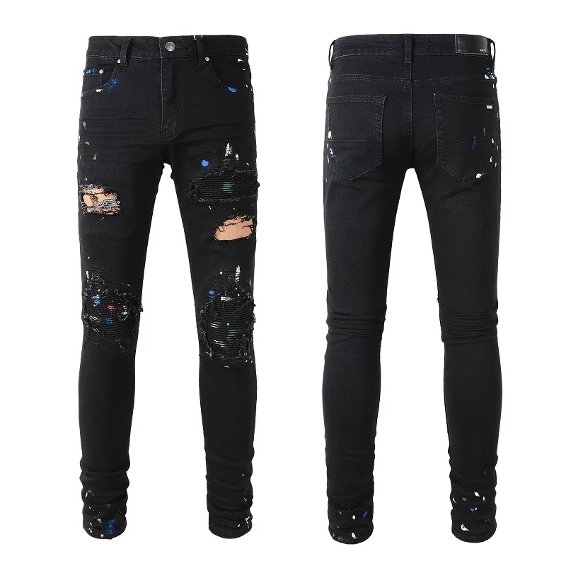 Black Men's Distressed Denim Pants Streetwear Korean Fashion Style Slim Fit Painted Skinny Stretch Graffiti Destroyed Jeans
