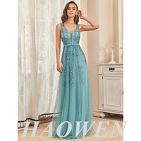 haowen elegant evening dresses long lace beading v neck sleeveless ever pretty of dusty blue simple backless prom dresses women