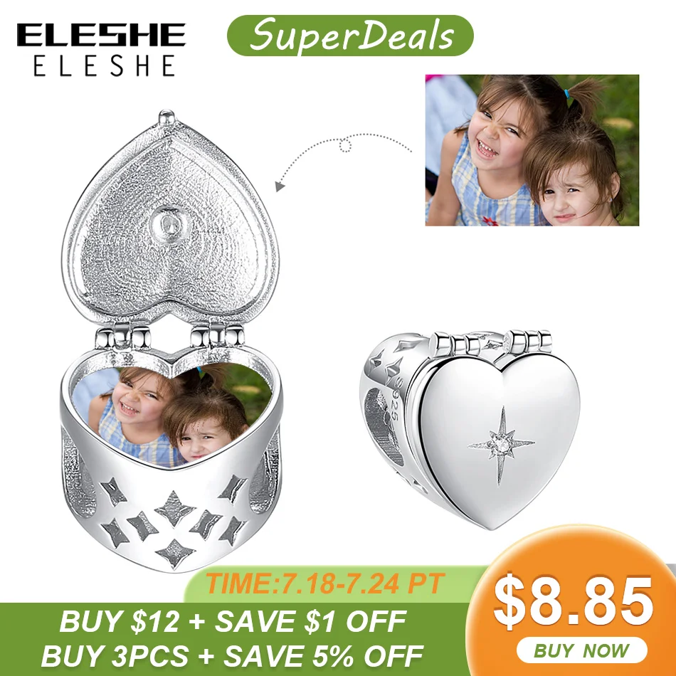 ELESHE 100% 925 Sterling Silver Octagonal Star Custom Photo Charm Openable Heart Bead Fit Original Bracelet Women DIY Jewelry