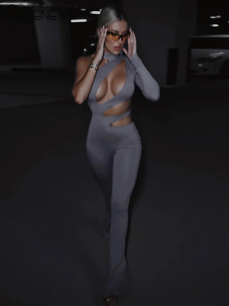 

Cutemew Sexy Hollow Out One-Shoulder Asymmetry Women Jumpsuit Summer Casual Slim Solid Elasticity Comfortable Pants Streetwear