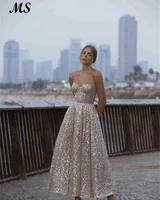 ms a line glitter evening dresses strapless sleeveless tea length short elegant prom gowns for birthday party cocktail dresses