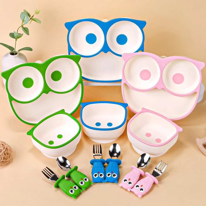 4pcs/set Owl Baby Plate With Suction Baby Bowls And Plates W