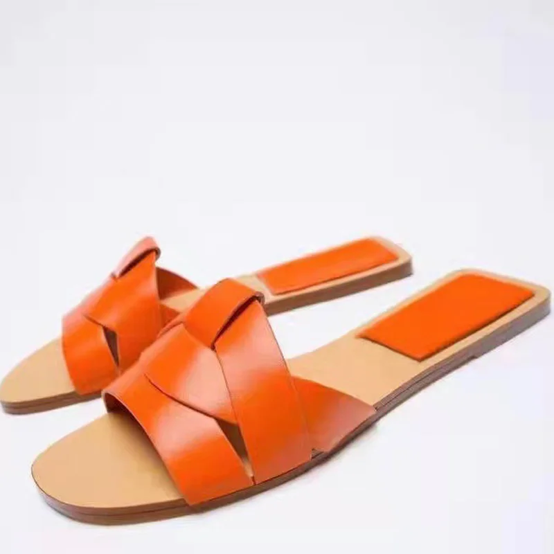 TRAF Summer Women's Flat Slippers Sandals Shoes For Woman Open Toe Rear Empty Beach Shoes Luxury Designer Shoes 2022 Flat Sandal