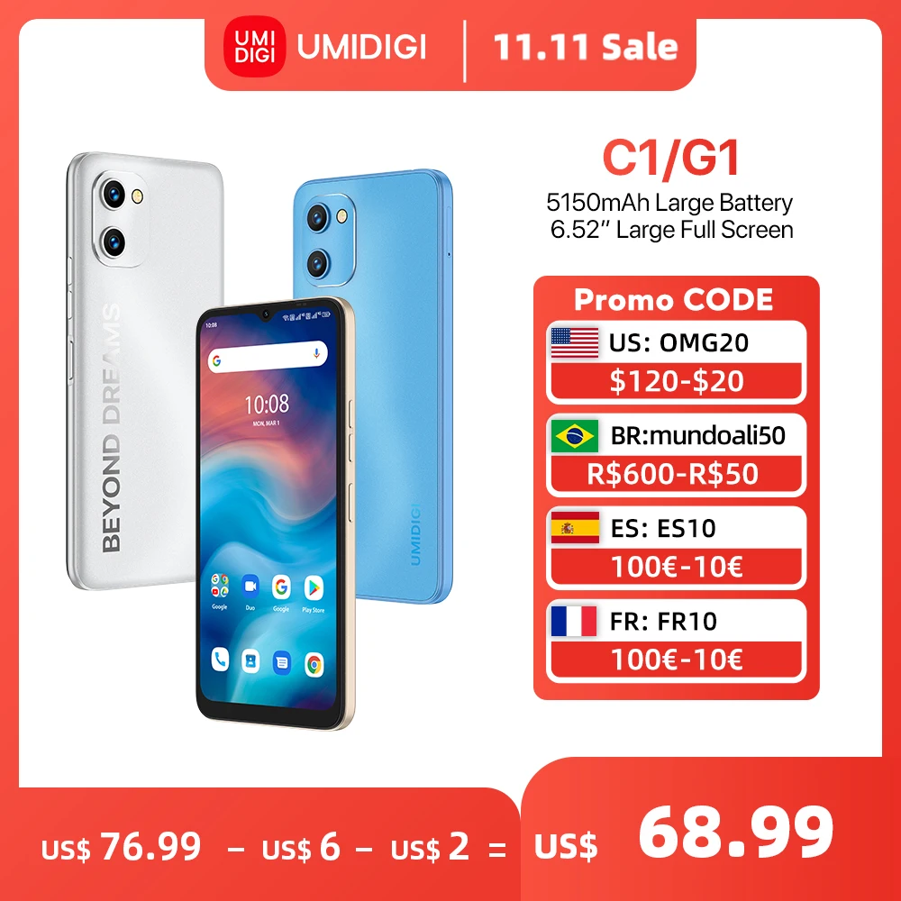 Najtaniej UMIDIGI C1 G1 Telefon, Odblokowany Smartfon Z Androidem MTK6739 2GB 32GB 6.52
