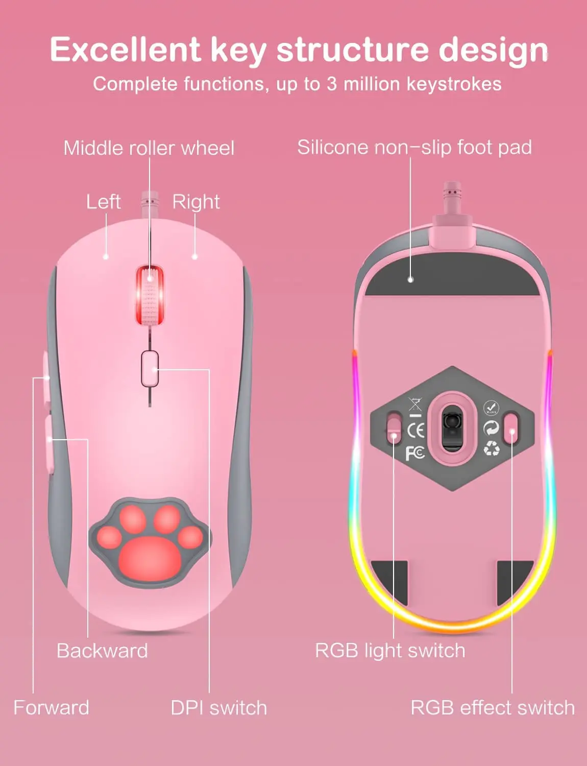 Cat Paw RGB Gaming Mouse Silent Optical Computer Mice USB Wired DPI 7200 6 Programmable Buttons for Windows/Vista/Linux |