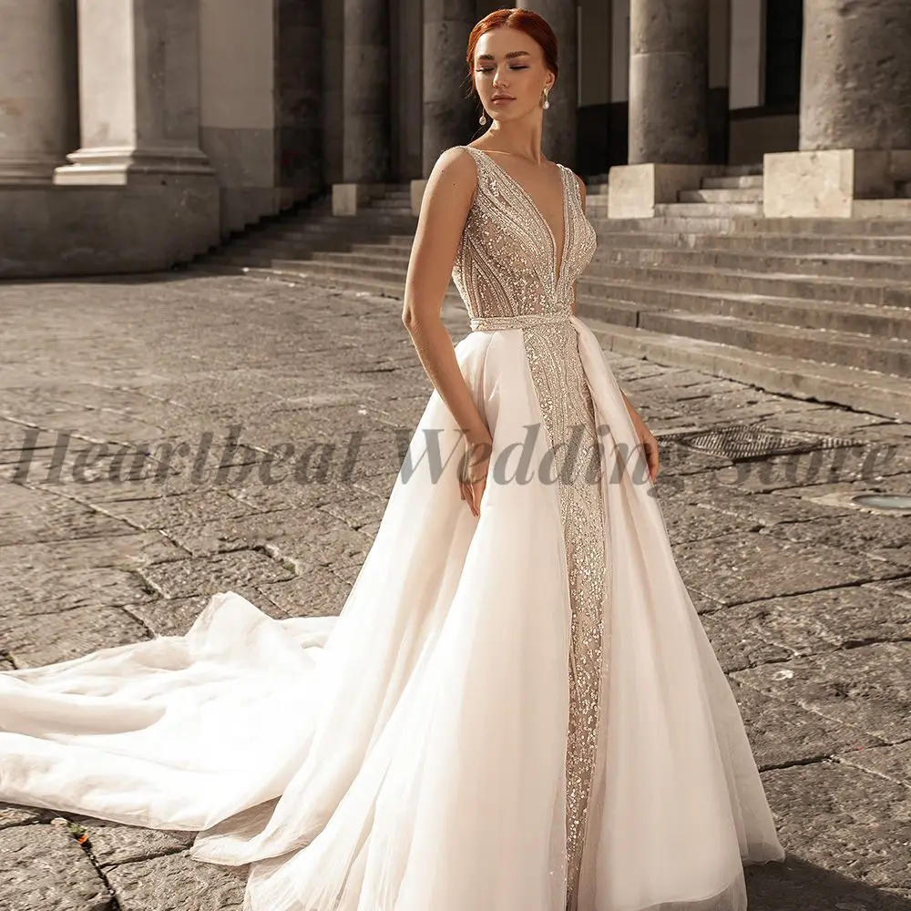 

Fashion Detachable Train Wedding Dress with V-Neck Backless Sleeveless Court Train and Beads Sequin 2023 Mermaid for Brides