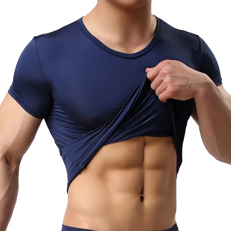 

Men's Thin Short Sleeve Ice Silk Without Summer Solid Color T shirt Trace Slim V-neck Bottoming Fashion Men Clothing Tops
