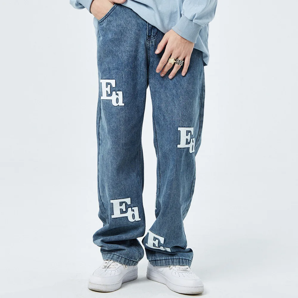 Letter Jeans With Print Y2k Blue Casual Pants Trendyol Harajuku Baggy Streetwear Straight Leg Man Punk Vintage Hip Hop Men Jean