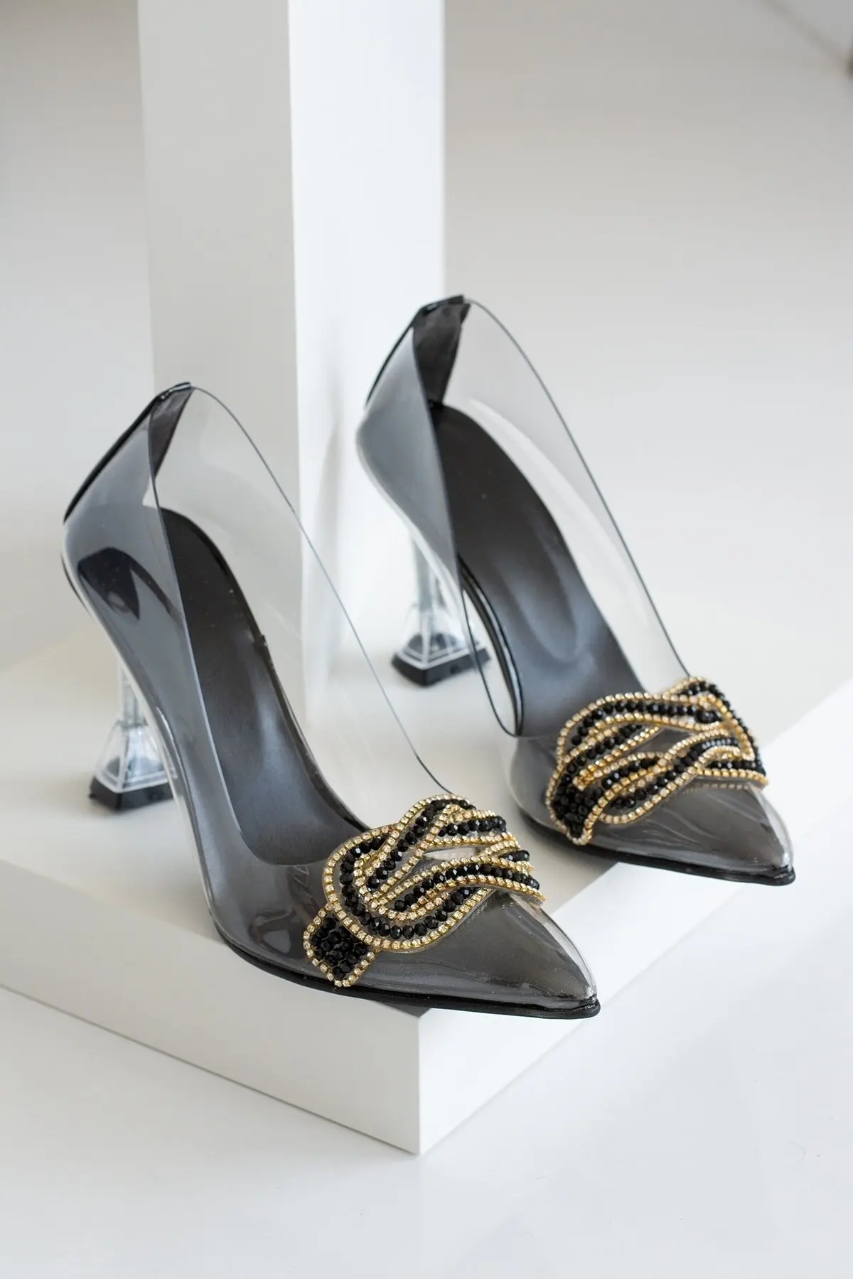 Women's Black Transparent Pearl Stone Heeled Shoes Fashion Black High Heels Stiletto Pumps for Women Shoes Soft Skin Women Heels