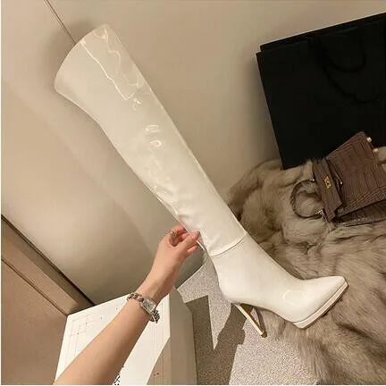 

Patent Leather Women Shoes Point Toe Thin Heels Motorcycle Knee High Luxury Combat Botines Sexy Designer Botas Femininas Boots