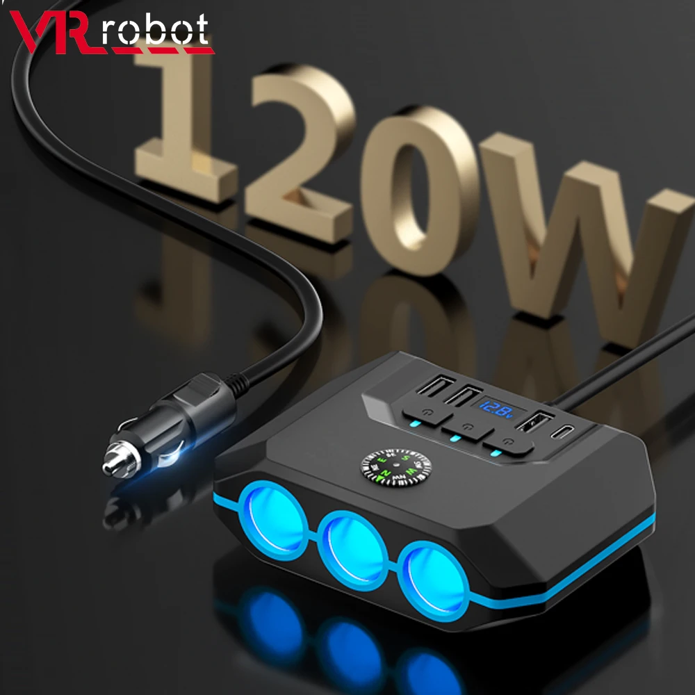 

VR Robot 7 в 1 адаптер автомобильного зарядного устройства 120 Вт 3-разъемный разветвитель прикуривателя с независимым переключателем ВКЛ/ВЫКЛ PD быстрое зарядное устройство