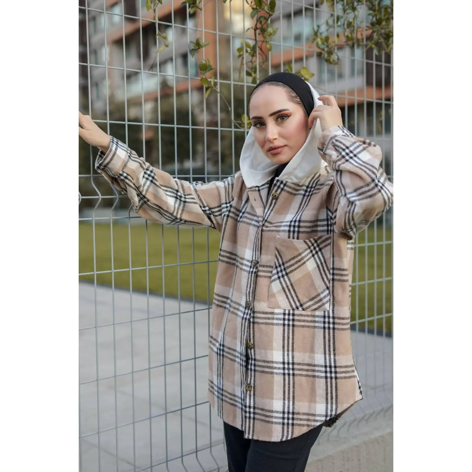

Lumberjack Shirt Tunic Muslim Women Long Sleeve Shirt Hooded Square Detailed Winter Women Muslim Clothing Hijab Fashion Dubai