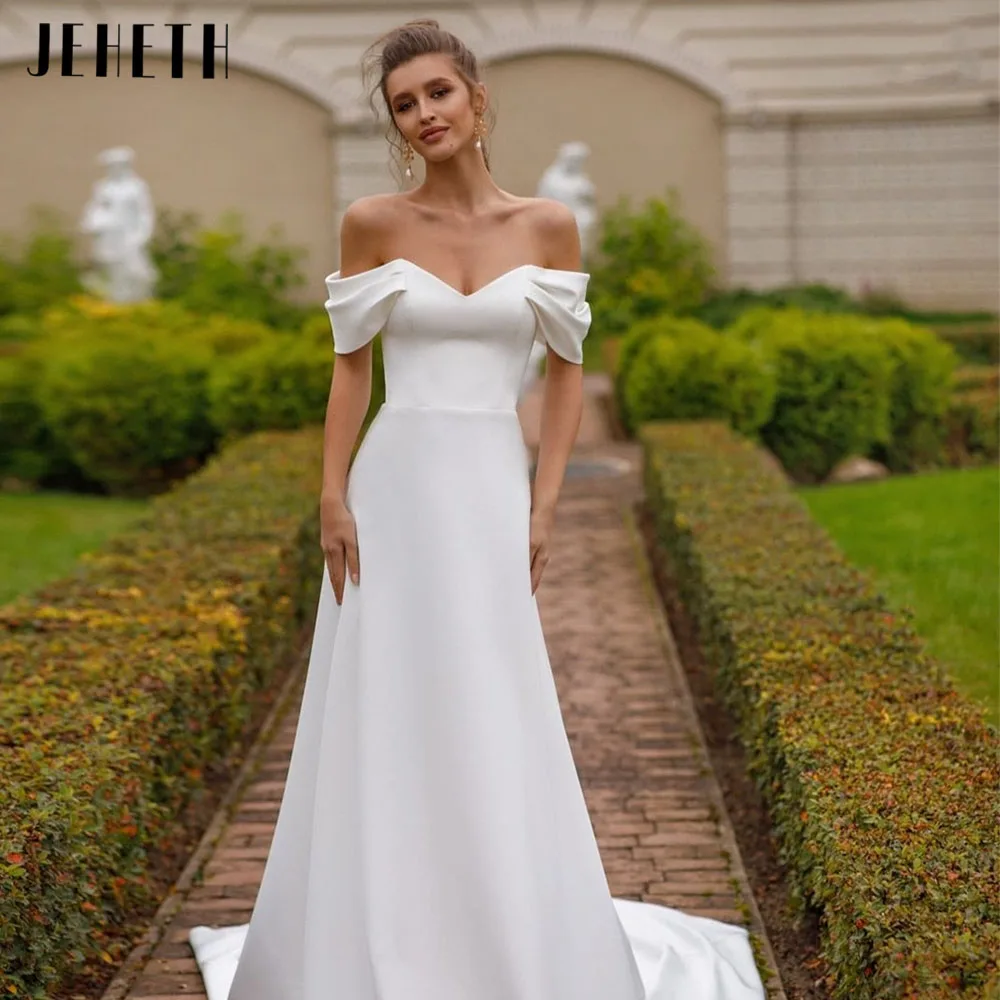 

Off The Shoulder A-Line Wedding Dresses White Satin Floor Length Robe De Mariee Custom Made For Women Civil Country Sweep Train