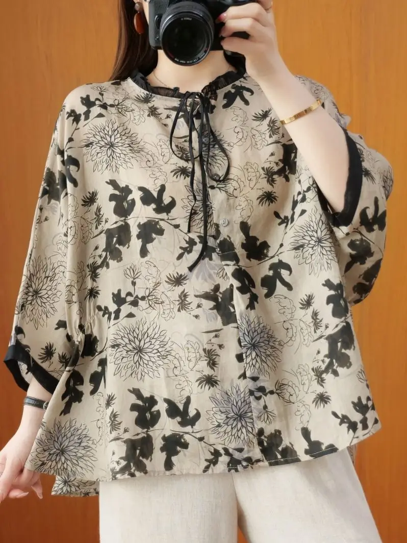 

Oversized Loose Cotton And Linen Floral Shirt Women's Lace-up Design All-match Top 2022 Summer New Batwing Sleeve Blouse