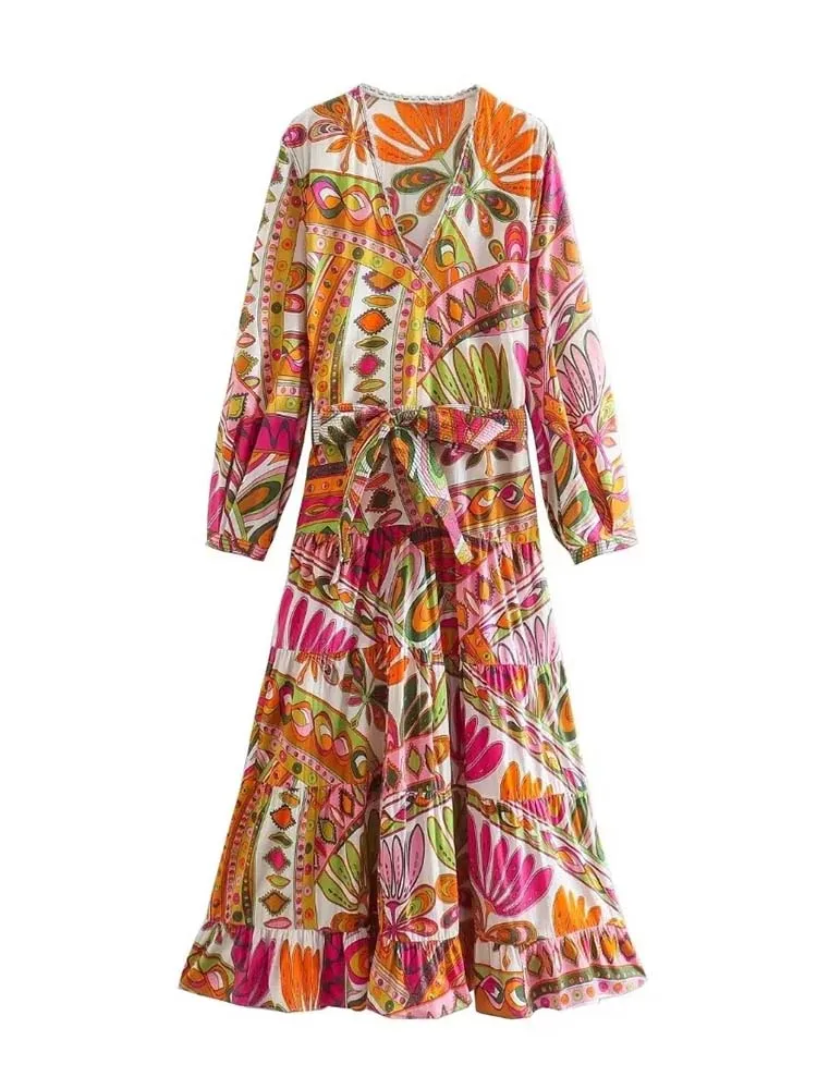 

KLKXMYT TRAF Woman Dress 2022 New Fashion Print Elegant Dresses For Women With Belt Vintage Casual Female Party Dresses